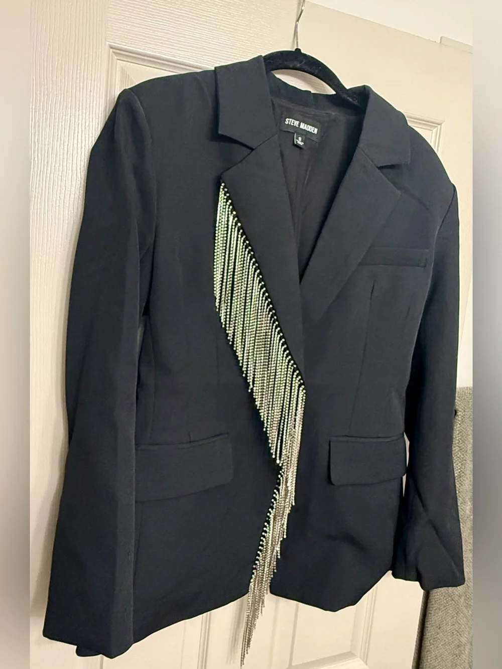 Steve Madden Black Crystal Fringe Blazer Jacket